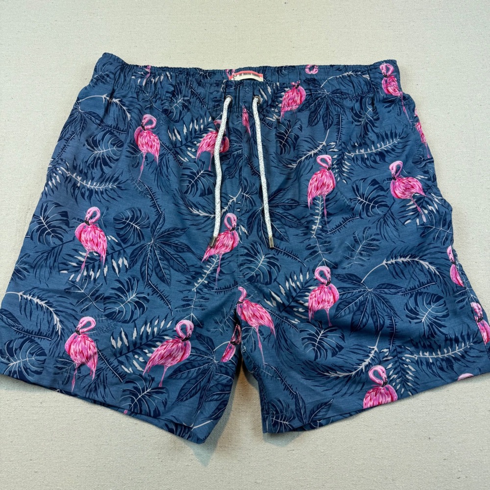 The Endless Summer Mens XXL Flamingo Palm Print Swim Trunks Blue Pink Tropical